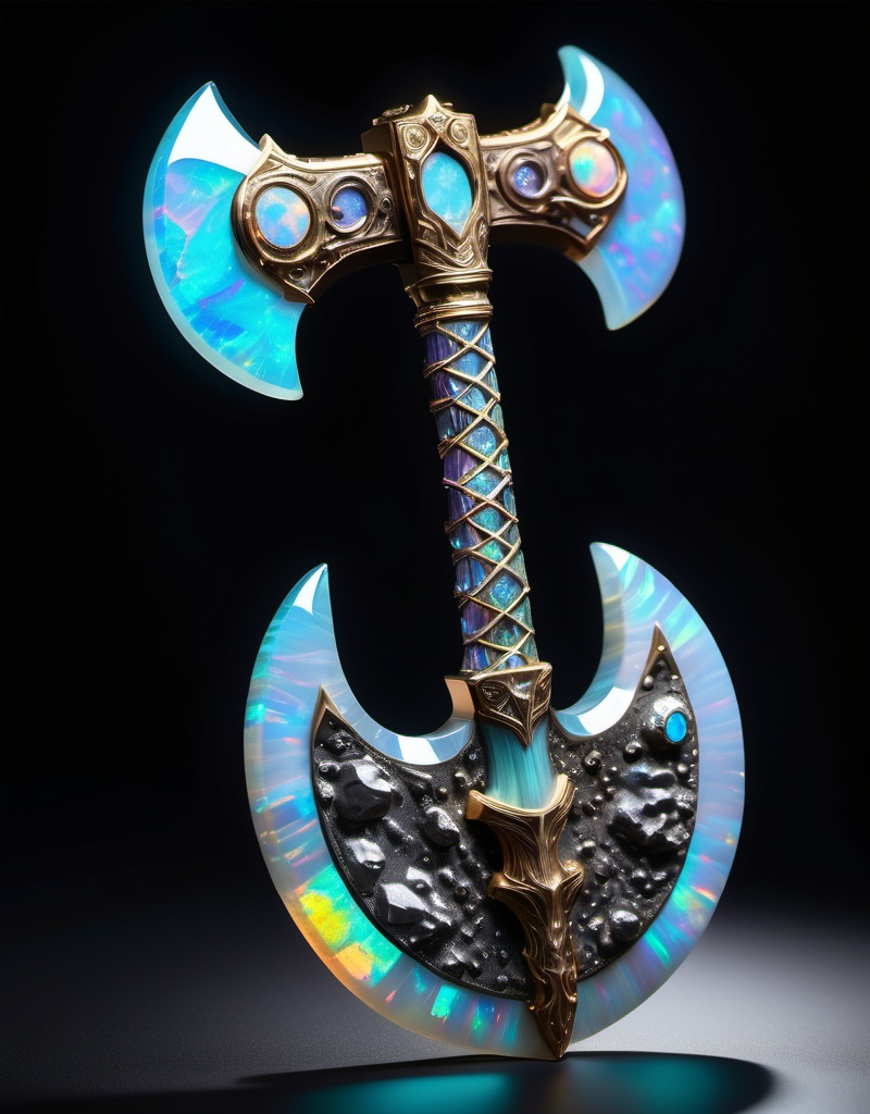 Prompt: (beautiful battle axe), crafted from (glistening opal), adorned with (iridescent bismuth), intricate (engravings) enveloping the entire surface, a subtle (ethereal glow) emanating around it, set against a dark, dramatic backdrop, emphasizing its luxury and craftsmanship, (4K resolution), (ultra-detailed), showcasing every exquisite feature and texture of the axe.