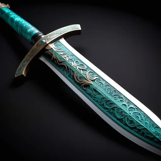 Prompt: (beautiful sword), crafted from (paper), adorned with (ink), an (ethereal teal glow) emanating around it, intricate (engravings) enveloping the entire surface, set against a dark, dramatic backdrop, emphasizing its power and history, (4K resolution), (ultra-detailed), showcasing every exquisite feature and texture of the sword. full sword top to bottom