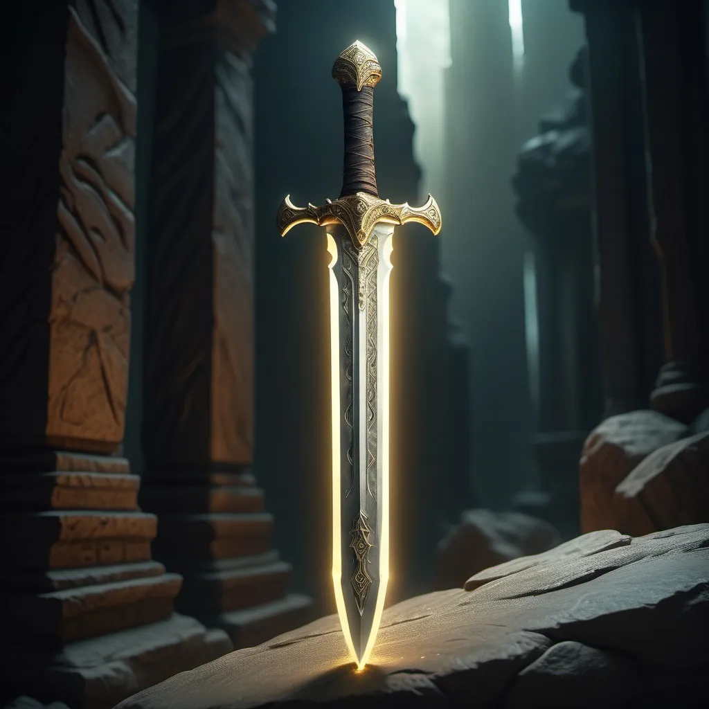 Prompt: (ancient sword crafted by Atlas), (glowing stone blade), intricate details, lightened, unused new texture, soft yellow glow illuminating the blade, ethereal atmosphere, mystical energy, high-quality 4K, dramatic lighting emphasizing the sword’s form and presence, a sense of power and forgotten history.