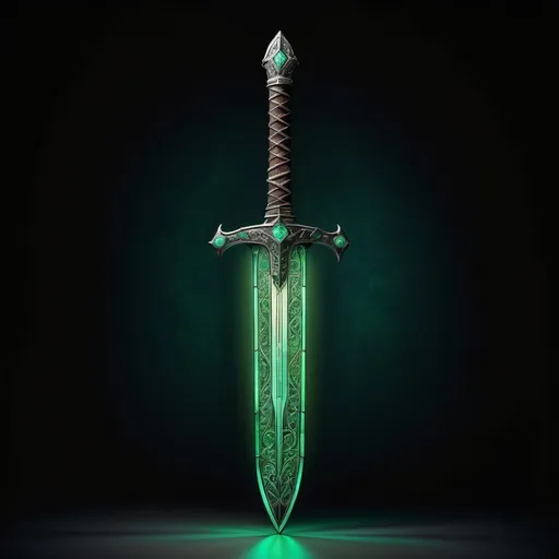 Prompt: (beautiful giant broad sword), crafted from (stained glass), adorned with (glow-in-the-dark plastic), an (ethereal green glow) emanating around it, intricate (engravings) enveloping the entire surface, set against a dark, dramatic backdrop, emphasizing its power and history, (4K resolution), (ultra-detailed), showcasing every exquisite feature and texture of the sword. full sword