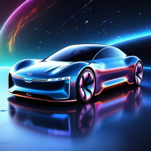 Prompt: (futuristic spaceship splendor), (Kia EV9 design elements), sleek aerodynamic curves, metallic sheen, cosmic background, stars twinkling, luminous trails, high-tech cockpit, vibrant colors reflecting starlight, 4K resolution, ultra-detailed, imaginative interplay of automotive and space aesthetics, captivating ambiance of exploration and adventure.