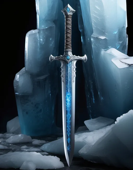 Prompt: (sword from the ice ace), crafted from (ice), adorned with (stone and marble), a subtle (blue glow) emanating around it, intricate (engravings) enveloping the entire surface, set against a dark, dramatic backdrop of an ice age, emphasizing its power and history, (4K resolution), (ultra-detailed), showcasing every exquisite feature and texture of the sword. full sword