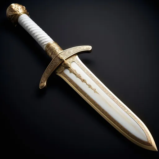 Prompt: (beautiful sworc), crafted from (ivory), adorned with (gold), an (ethereal white glow) emanating around it, intricate (engravings) enveloping the entire surface, set against a dark, dramatic backdrop, emphasizing its power and history, (4K resolution), (ultra-detailed), showcasing every exquisite feature and texture of the sword. full sword top to bottom