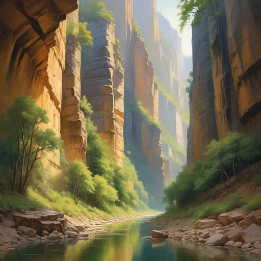 Prompt: (quiet canyon), majestic canyon walls reaching (infinity), untouched lush forest, (vivid greenery), serene atmosphere, soft light filtering through trees, rich textures, tranquil scene, high quality, ultra-detailed, (nature's beauty), dramatic shadows cast by towering cliffs, vibrant shades of earth tones, (depth and perspective).