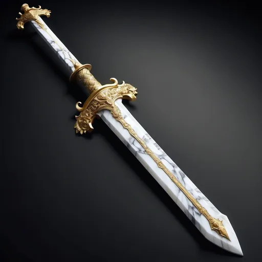 Prompt: extremely intricate and extremely expensive sword that is made of marble and is lined with gold, hd resolution, full sword, slight glow