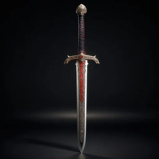 Prompt: (beautiful sword), crafted from (velvet), adorned with (leather), a subtle (ethereal red glow) emanating around it, intricate (engravings) enveloping the entire surface, set against a dark, dramatic backdrop, emphasizing its power and history, (4K resolution), (ultra-detailed), showcasing every exquisite feature and texture of the sword. full sword