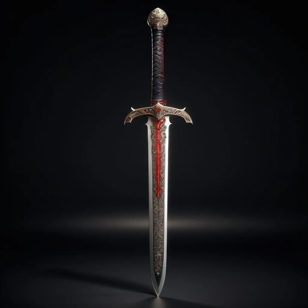 Prompt: (beautiful sword), crafted from (velvet), adorned with (leather), a subtle (ethereal red glow) emanating around it, intricate (engravings) enveloping the entire surface, set against a dark, dramatic backdrop, emphasizing its power and history, (4K resolution), (ultra-detailed), showcasing every exquisite feature and texture of the sword. full sword