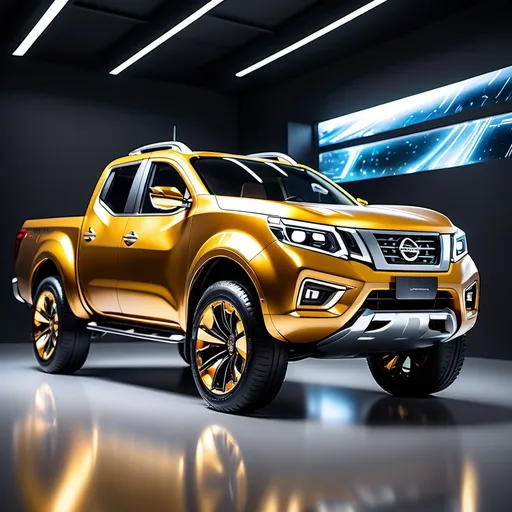 Prompt: (golden concept Nissan Frontier), futuristic design, (glowing radiantly), sleek aerodynamic shape, modern showroom background, futuristic architecture, bright lighting, shimmering reflections, ultra-detailed, shiny metallic surfaces, vibrant ambiance, high-tech elements, captivating atmosphere, showcasing advanced automotive innovations, (high quality 4K), imaginative vision of the year 3000.