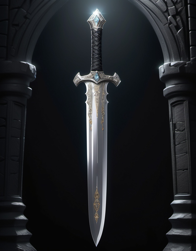 Prompt: (beautiful sword), crafted from (pure diamond), adorned with (diamonds), intricate (diamond engravings) enveloping the entire surface, a subtle (ethereal glow) emanating around it, set against a dark, dramatic backdrop of a castle, emphasizing its luxury and price, (4K resolution), (ultra-detailed), showcasing every exquisite feature and texture of the sword.