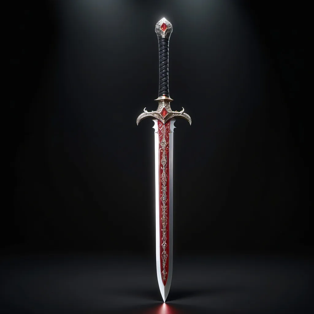 Prompt: (beautiful sword), crafted from (ruby), adorned with (diamond), a subtle (ethereal glow) emanating around it, intricate (engravings) enveloping the entire surface, set against a dark, dramatic backdrop, emphasizing its power and coolness, (4K resolution), (ultra-detailed), showcasing every exquisite feature and texture of the sword. full sword