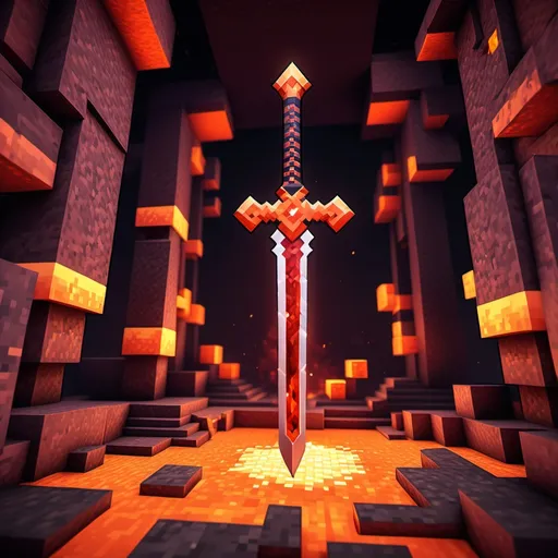 Prompt: (minecraft sword), crafted by piglins, deep in the nether, vibrant lava flows, glowing embers, dark, molten background, intricate details and textures, warm colors of red and orange, enchanted with an ethereal glow, high-quality, ultra-detailed, immersive atmosphere, depicting the mystical environment of the nether dimension.