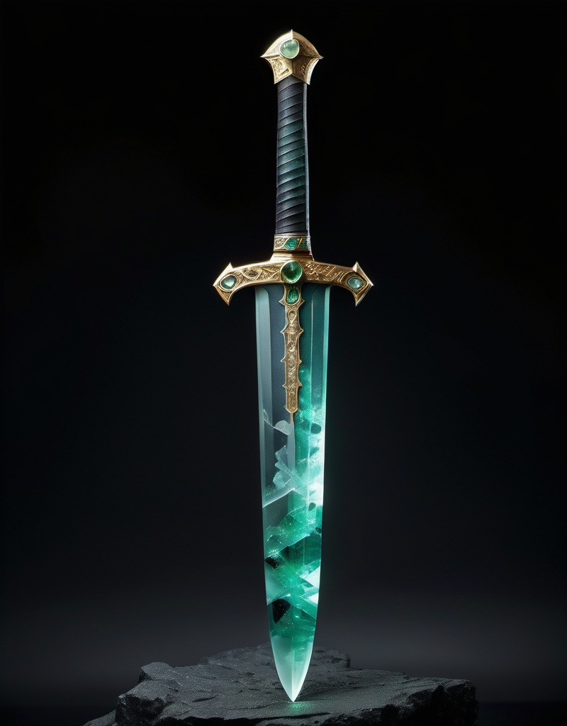 Prompt: (beautiful sword), crafted from (fluorite), adorned with (tourmaline), a subtle (ethereal glow) emanating around it, intricate (engravings) enveloping the entire surface, set against a dark, dramatic backdrop, emphasizing its power and price, (4K resolution), (ultra-detailed), showcasing every exquisite feature and texture of the sword. full sword