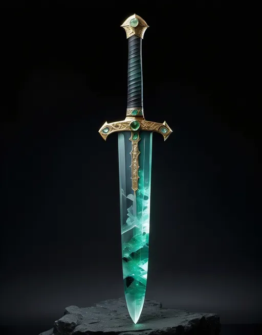 Prompt: (beautiful sword), crafted from (fluorite), adorned with (tourmaline), a subtle (ethereal glow) emanating around it, intricate (engravings) enveloping the entire surface, set against a dark, dramatic backdrop, emphasizing its power and price, (4K resolution), (ultra-detailed), showcasing every exquisite feature and texture of the sword. full sword