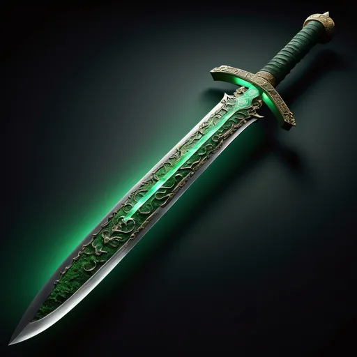 Prompt: (beautiful dadao sword), crafted from (moss), adorned with (stone), an (ethereal green glow) emanating around it, intricate (engravings) enveloping the entire surface, set against a dark, dramatic backdrop, emphasizing its power and history, (4K resolution), (ultra-detailed), showcasing every exquisite feature and texture of the sword. full sword