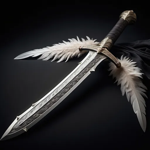 Prompt: (beautiful sword), crafted from (hawk feathers), adorned with (salt), a subtle (ethereal glow) emanating around it, intricate (engravings) enveloping the entire surface, set against a dark, dramatic backdrop, emphasizing its power and coolness, (4K resolution), (ultra-detailed), showcasing every exquisite feature and texture of the sword. full sword