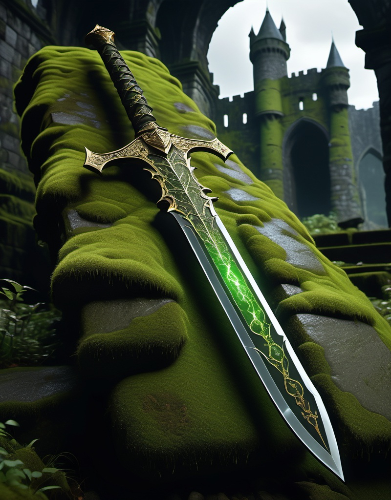 Prompt: (a sword lost in time), crafted from (mossy stone), adorned with (moss and gold from a past king), intricate (engravings) enveloping the entire surface, a subtle (green glow) emanating around it, set against a dark, dramatic backdrop of an old fallen castle, emphasizing its power and history, (4K resolution), (ultra-detailed), showcasing every exquisite feature and texture of the sword.