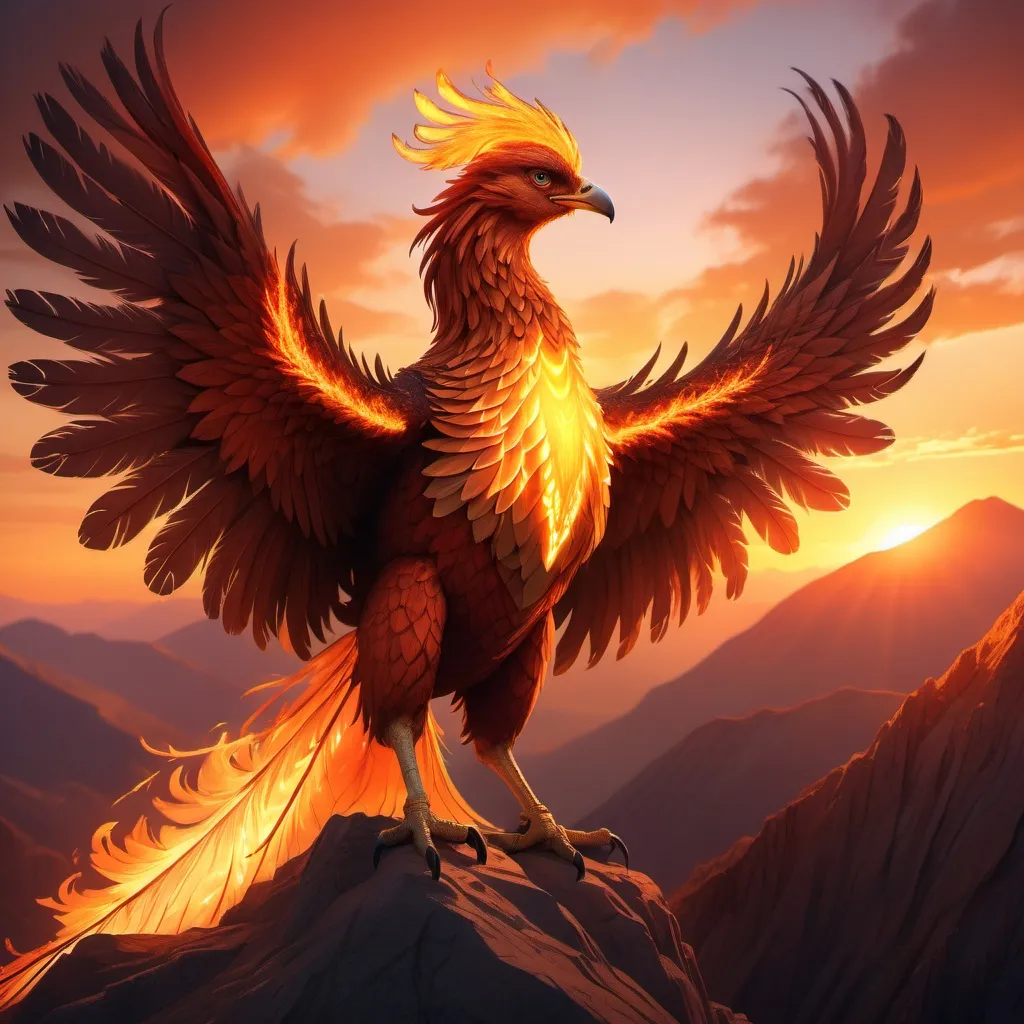 Prompt: A majestic phoenix perched atop a mountain, feathers glowing radiantly from flames under the sunset.