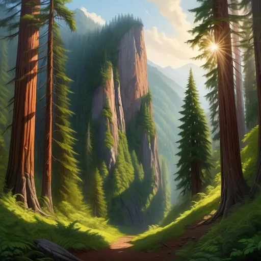 Prompt: a (mountain), majestic mountain walls reaching (infinity), untouched lush forest, (vivid greenery), an atmosphere bursting with life, bright light filtering through tall redwood trees, rich textures, tranquil scene, high quality, ultra-detailed, (nature's beauty), dramatic shadows cast by towering cliffs, vibrant shades of earth tones, (depth and perspective) HD resolution.