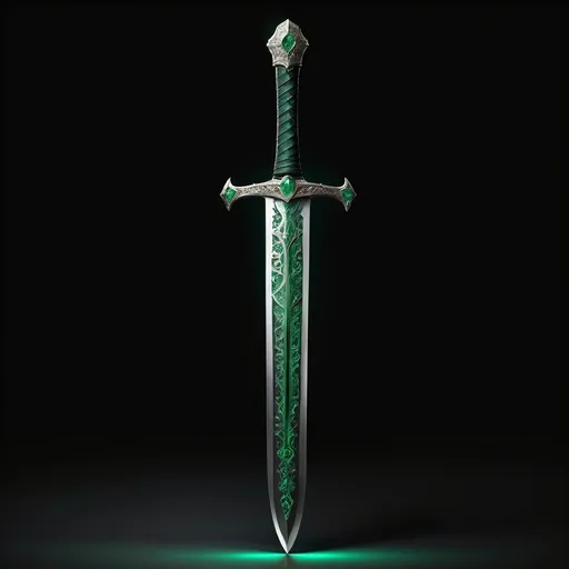 Prompt: (beautiful sword), crafted from (emerald), adorned with (titanium), a subtle (ethereal glow) emanating around it, intricate (engravings) enveloping the entire surface, set against a dark, dramatic backdrop, emphasizing its power and coolness, (4K resolution), (ultra-detailed), showcasing every exquisite feature and texture of the sword. full sword