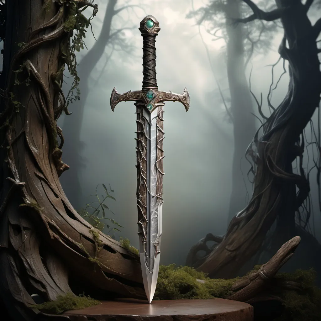 Prompt: (mythical sword), crafted from (petrified wood), entwined with (ancient vines) transformed into (hardened stone), set against a (mystical forest background), (dimly lit) with (soft wisps of fog), emphasizing an aura of (mystery) and (ancient enchantment), ultra-detailed, (high quality), showcasing rich textures and intricate details.