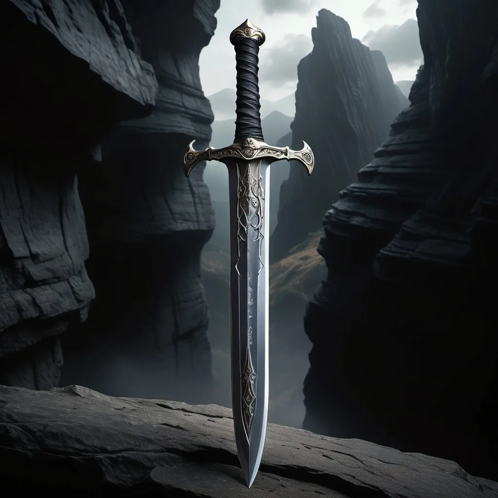 Prompt: (ancient wind longsword), (iron and wind blade), twisty engraved details, darkened, new wind blown texture, soft twisty wind engulfing the blade, wind blown cliff, light mystical energy, high-quality 4K, dramatic lighting emphasizing the sword’s look and twister-likeness, a sense of power and history.