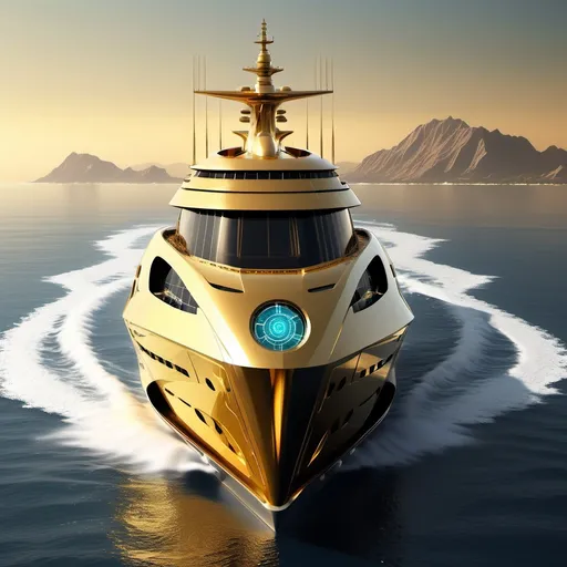 Prompt: (realistic ship designed by Atlas), (golden exterior), (slight yellow glow), sleek and modern design, intricate details and patterns, high-tech features, futuristic style, ocean backdrop with distant island, ocean theme, ultra-detailed, HD quality, capturing the essence of ocean exploration.