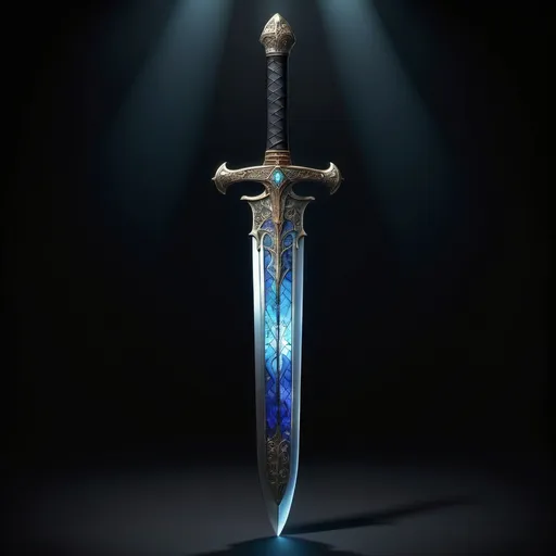 Prompt: (beautiful sword), crafted from (stained glass), adorned with (plastic), a subtle (ethereal glow) emanating around it, intricate (engravings) enveloping the entire surface, set against a dark, dramatic backdrop, emphasizing its power and coolness, (4K resolution), (ultra-detailed), showcasing every exquisite feature and texture of the sword. full sword