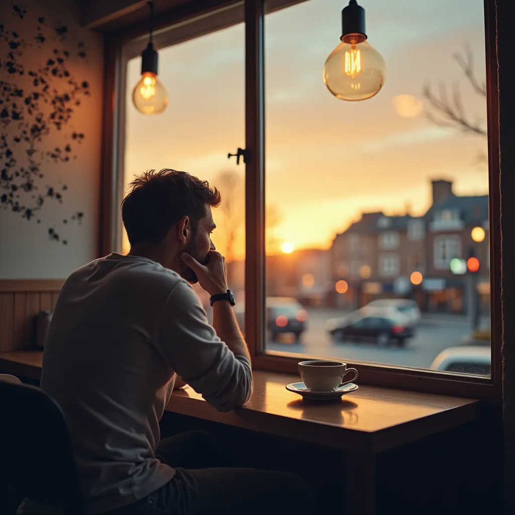 Prompt: สร้างรูปผู้ชายที่กำลังอกหัก เศร้า นั่งอยูในร้านกาแฟเหม่อมองผ่านกระจกร้านไปยังท้องฟ้า