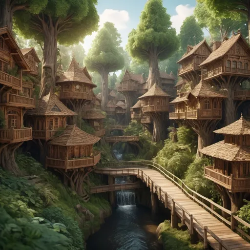 Prompt: (city made entirely out of wood), grown from surrounding trees, integrated seamlessly with nature, vibrant earthy tones, warm sunlight filtering through leaves, dense foliage background, majestic ancient forest, natural architecture, intricate wooden structures, harmonious atmosphere, serene and magical ambiance, detailed wood textures, biophilic design, ultra-detailed, 4K, masterpiece, high depth cinematic quality.