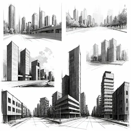 Prompt: Sketches of cityscapes.