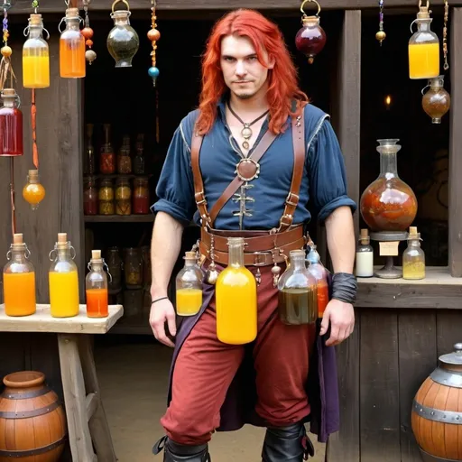 Prompt: fantasy, ren faire, full body image, human man, alchemist, full hair, leather straps, bandolier harness, leg straps, potions and baubles, red orange and yellow
