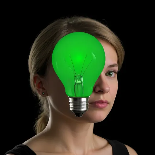 Prompt: Human head with a thinking emotion and a bulb above her head in green screen with a black background. The bulb should be 80% the same size of the head. 