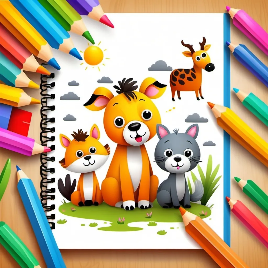 Prompt: design a creative drawing book cover page for kids wit animals doing colofrl