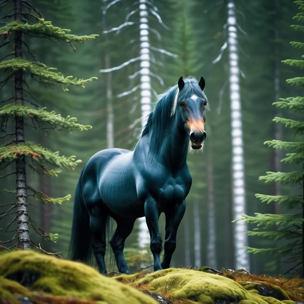 Prompt: Powerful norse horse in a Norwegian forest surrounded by spruce trees 