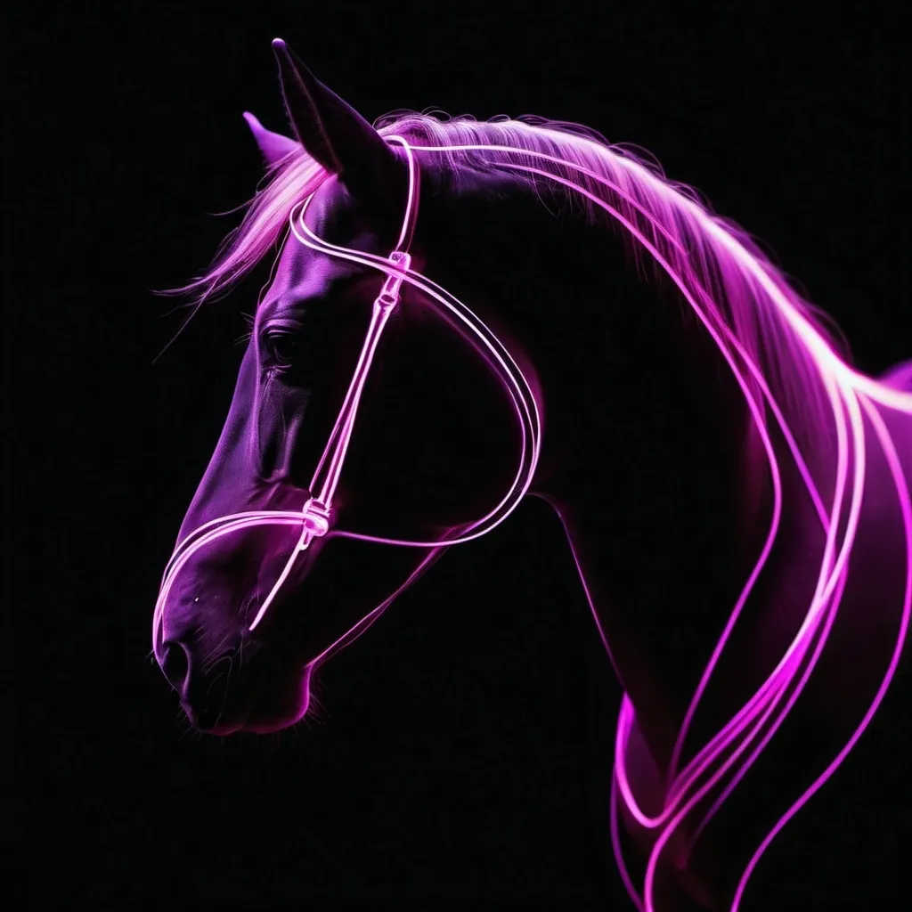 Prompt: pink and purple horse shaped light painting black backdrop, minimalistic, elegant line design