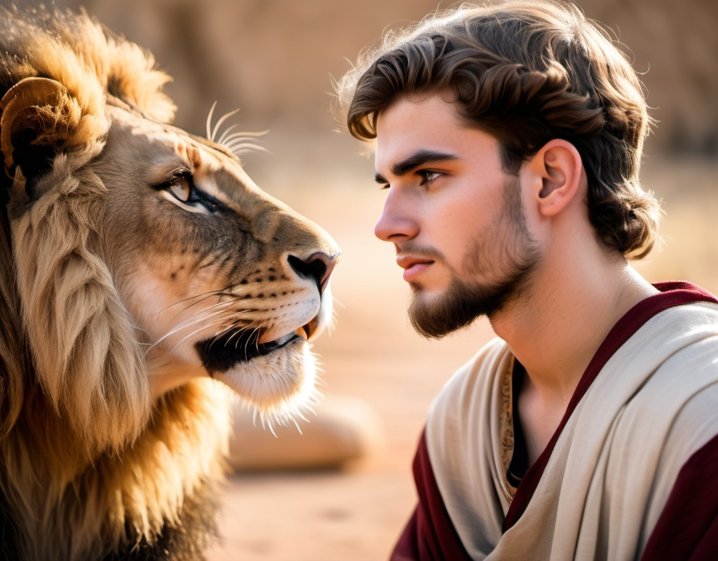 Prompt: Biblical 24yo male dressed in tunic looking eye to eye with a lion.