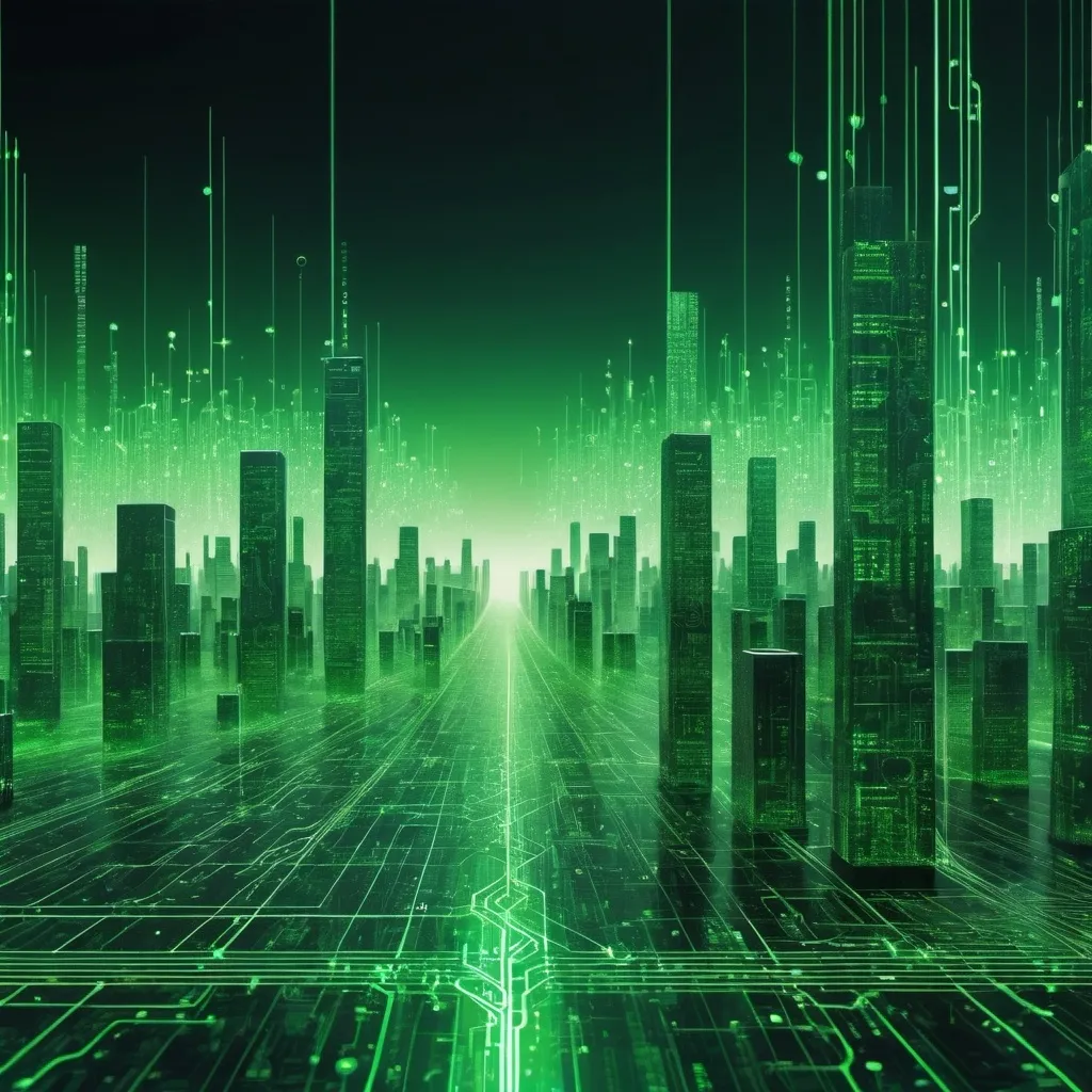 Prompt: A banner image that features a digital landscape with cascading green code reminiscent of The Matrix. In the foreground, include abstract representations of interconnected programs, forming a city-scape with sky scapers.  Subtle hints of circuit boards and data streams blend into the background giving the image a futuristic, high-tech feel. 