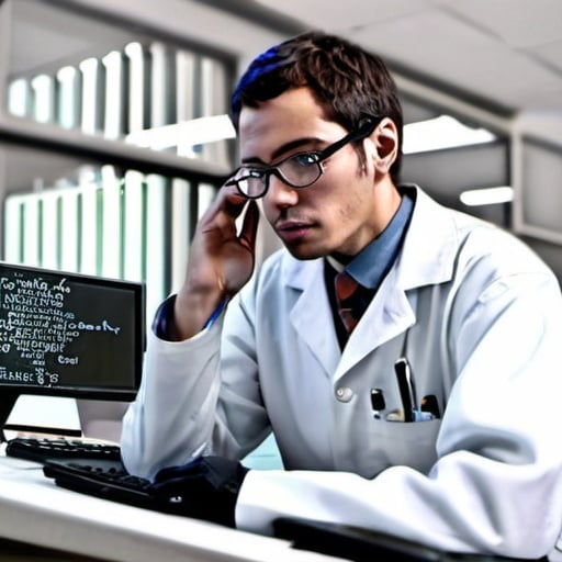 Prompt: A laboratory person who wants to turn a language into an international language
I want to produce an image of a laboratory person sitting at a computer, there are many languages in the background. I want to produce a uniform language in a technological project.