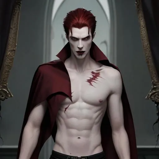 Prompt: 6 foot 2 male, vampire like, dark red hair, emerald eyes, pale skin, muscular, scars