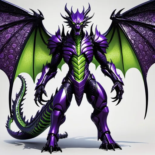 Prompt: Omega Hydranoid becomes even more massive and menacing. His body is covered in shiny armor, combining black and purple shades with bright green patterns, symbolizing the energy of darkness. He gains six heads (three on each side), each of which emits dark energy. The wings increase in size, resembling the huge membranous wings of a dragon. The tail ends in a sharp energy blade.