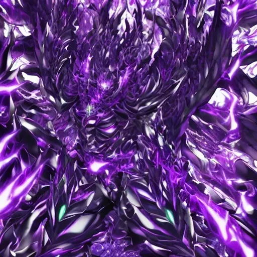 Prompt: Omega Hydranoid becomes even more massive and menacing. His body is covered in shiny armor, combining black and purple shades with bright green patterns, symbolizing the energy of darkness. He gains six heads (three on each side), each of which emits dark energy. The wings increase in size, resembling the huge membranous wings of a dragon. The tail ends in a sharp energy blade.