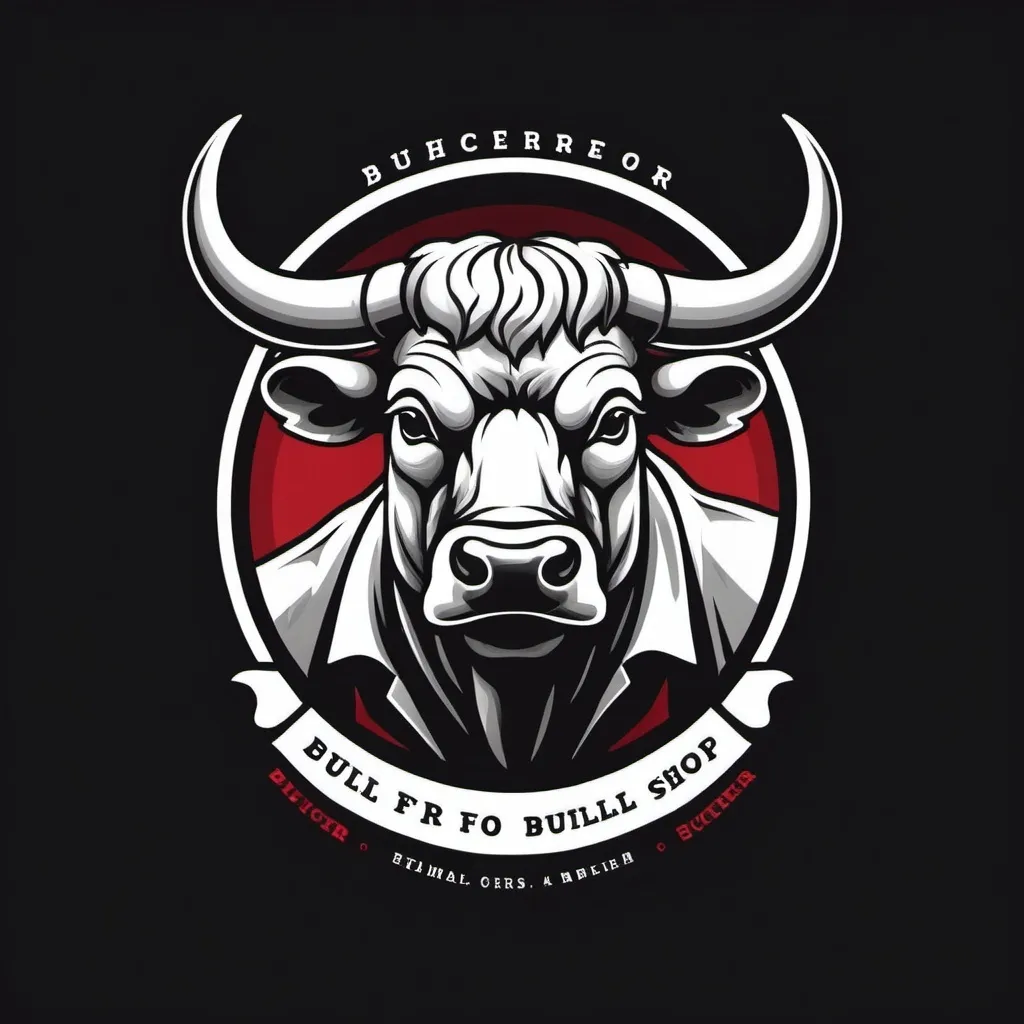 Prompt: create a logo of a bull for a butcher shop, the logo must be red and white