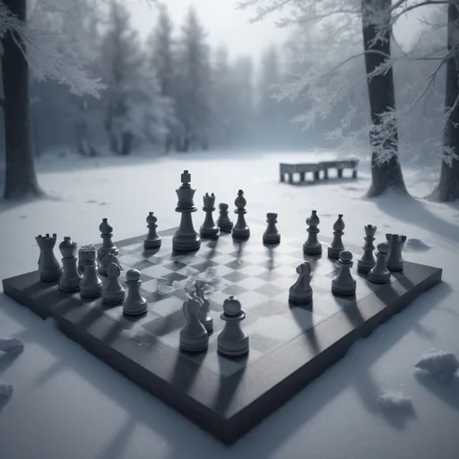 Prompt: dramatic chess board, (winter scene), cold shades of gray, (soft snowflakes falling), high contrast between pieces, moody atmosphere, crisp detail of frost, (icy texture), subtle shadows, (photorealistic), (4K), serene ambiance, enchanting winter light, (captivating scene). PUT SNOW ON THE BOARD. MAKE THE CHESS BOARD LOOK LIKE A REAL GAME - 