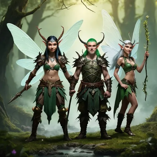 Prompt: three fantastic warriors with elves and beings such as gnomes and dragonflies or miniature flying fairies