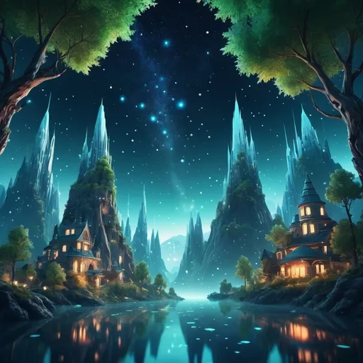 Prompt: Floating mountains under a starry sky.
    A futuristic city under the sea.
    Trees with luminous leaves in a magical forest.