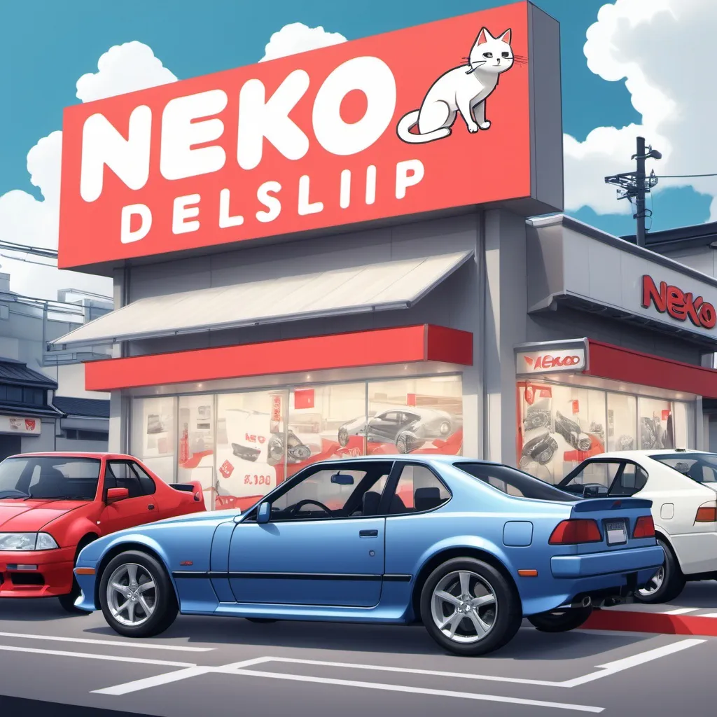 Prompt: An artistic banner for Neko's Car Dealership with Japanese themes and background