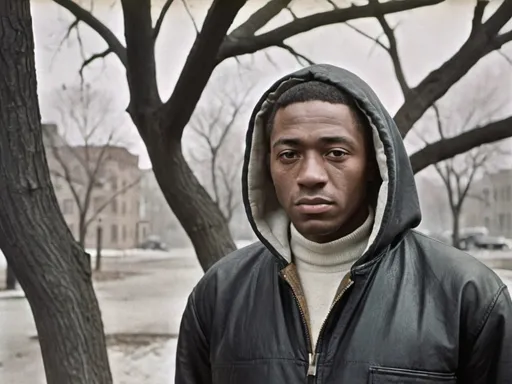 Prompt: a man in a black jacket standing in front of a tree with a hood on and a black and white background, Bernard Accama, harlem renaissance, denoised, a colorized photo