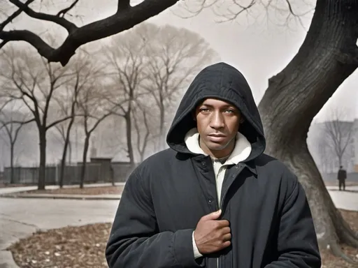 Prompt: a man in a black jacket standing in front of a tree with a hood on and a black and white background, Bernard Accama, harlem renaissance, denoised, a colorized photo