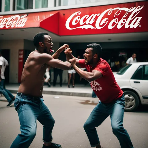 Prompt: two men fighting in front of coca cola hotel