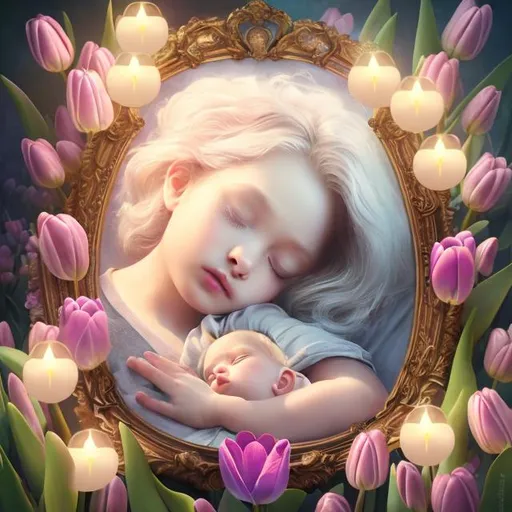 Prompt: Sleeping child on a bed of tulips, holding a photo frame with a picture of a kind old man with a round face and white hair, oil painting, dreamy atmosphere, soft pastel colors, detailed flowers, closed eyes, gentle expression, high quality, oil painting, dreamy, pastel colors, detailed flowers, serene lighting